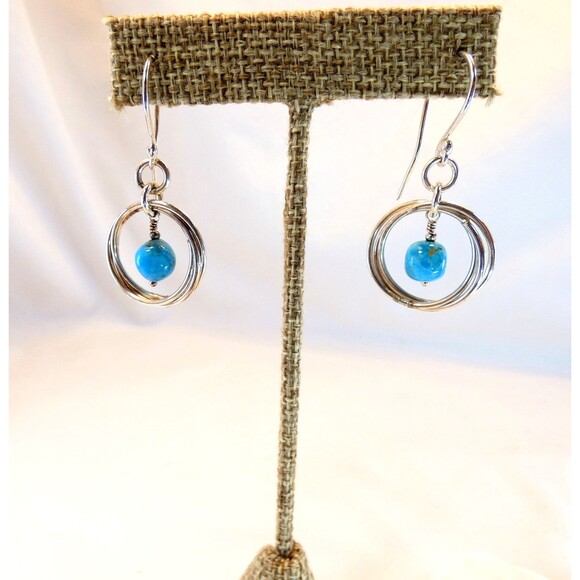 Sterling Silver Natural Turquoise Bead Hoop Earrings Minimalist Handmade - Picture 4 of 6